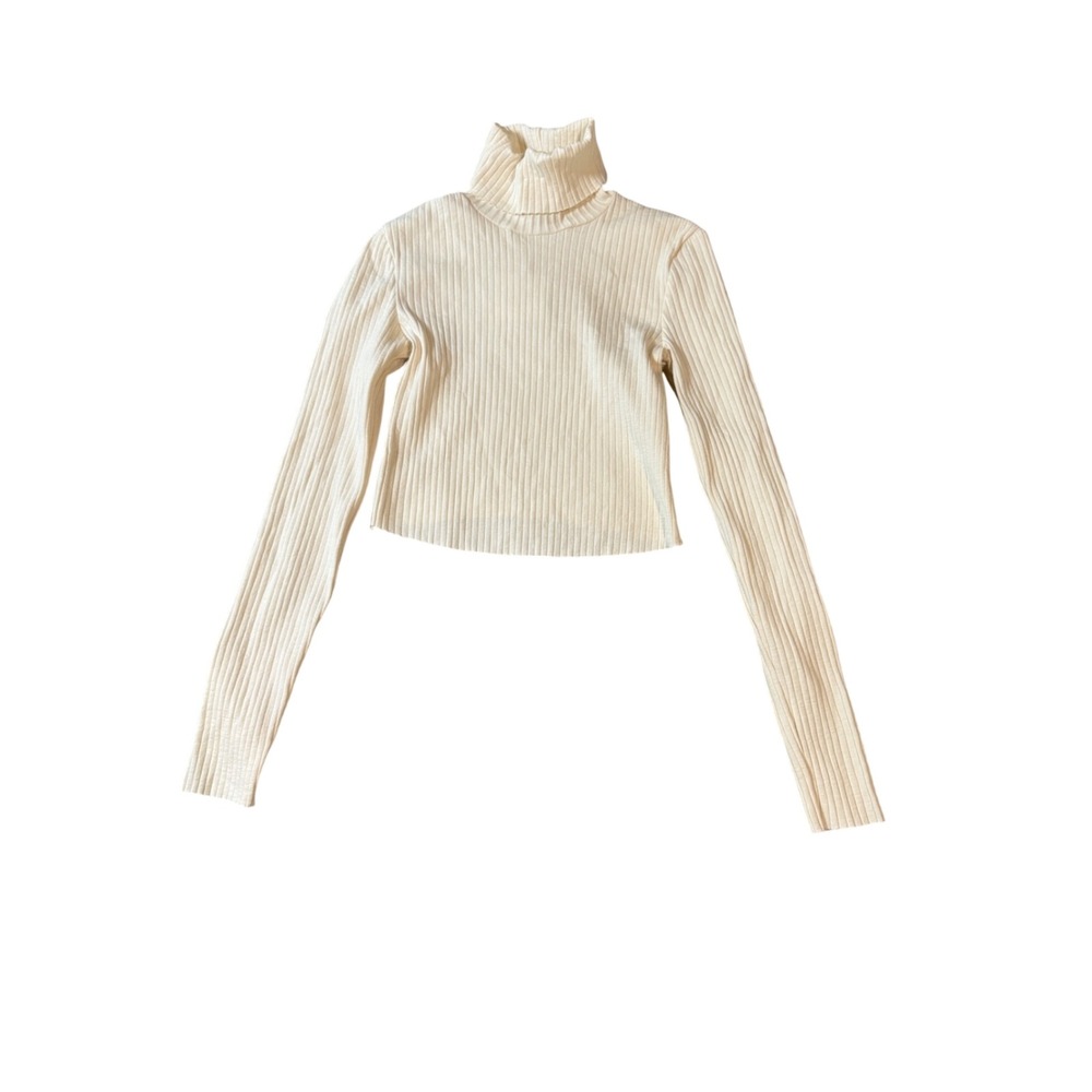 NWT Zara Cream White‎ Ribbed Cropped Long Sleeve Turtleneck Top Size Small